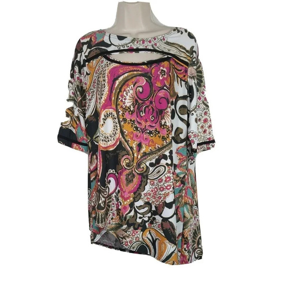 Mishca Asymmetric Tunic Top Women Size L Multicolor Short Sleeve PeekABoo Chest - Picture 2 of 8